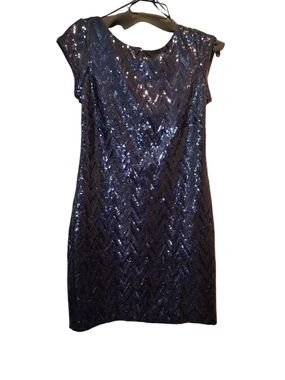 Eliza J Navy Sequin Chevron Cap-Sleeve Mini Dress